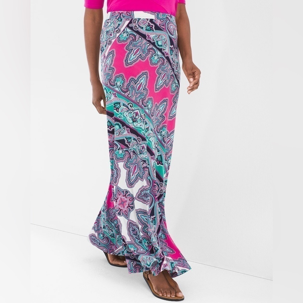 Chicos Paisley Pink Scarf-Print Maxi Long Summer Skirt Size S